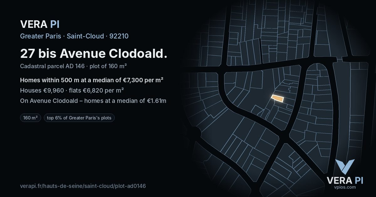 27 bis Avenue Clodoald, Saint-Cloud at night – the plot lit, the parcels around coloured by the prices near them