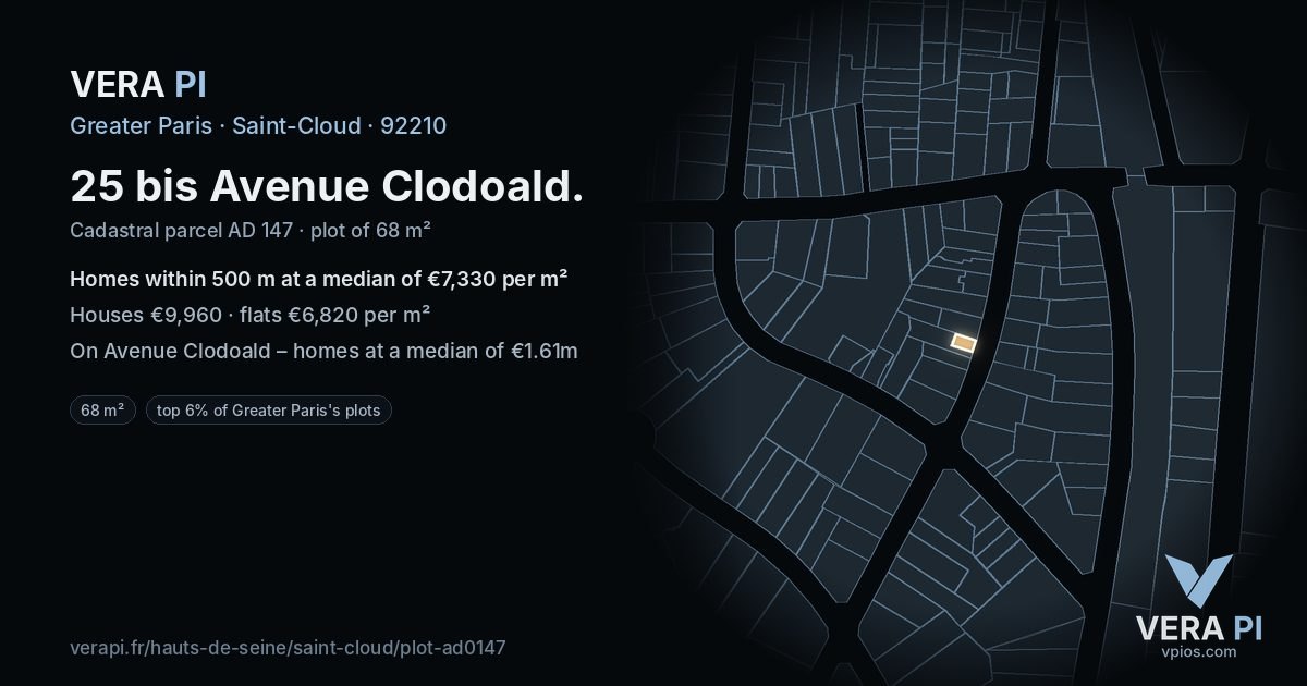 25 bis Avenue Clodoald, Saint-Cloud at night – the plot lit, the parcels around coloured by the prices near them