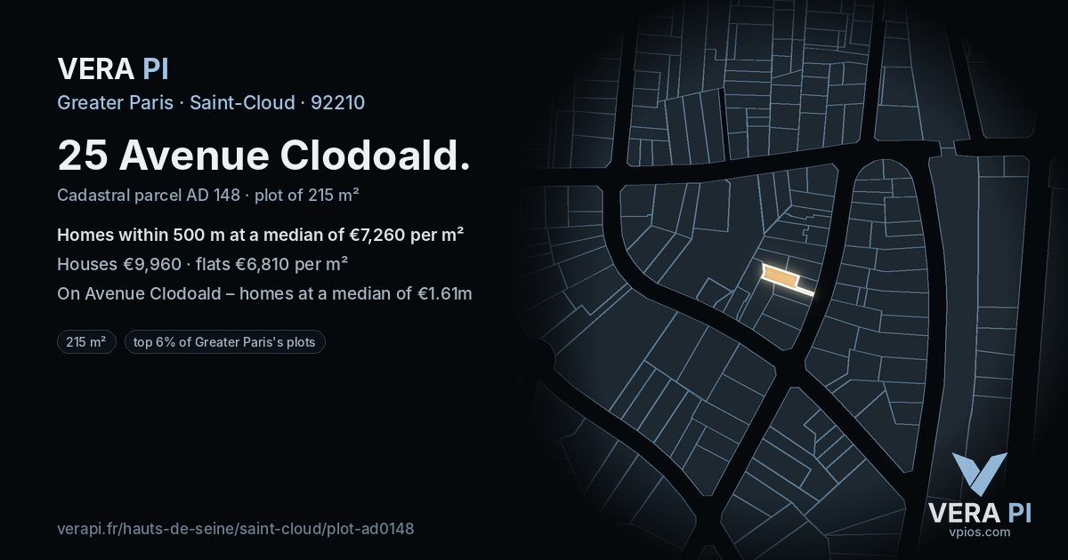 25 Avenue Clodoald, Saint-Cloud at night – the plot lit, the parcels around coloured by the prices near them