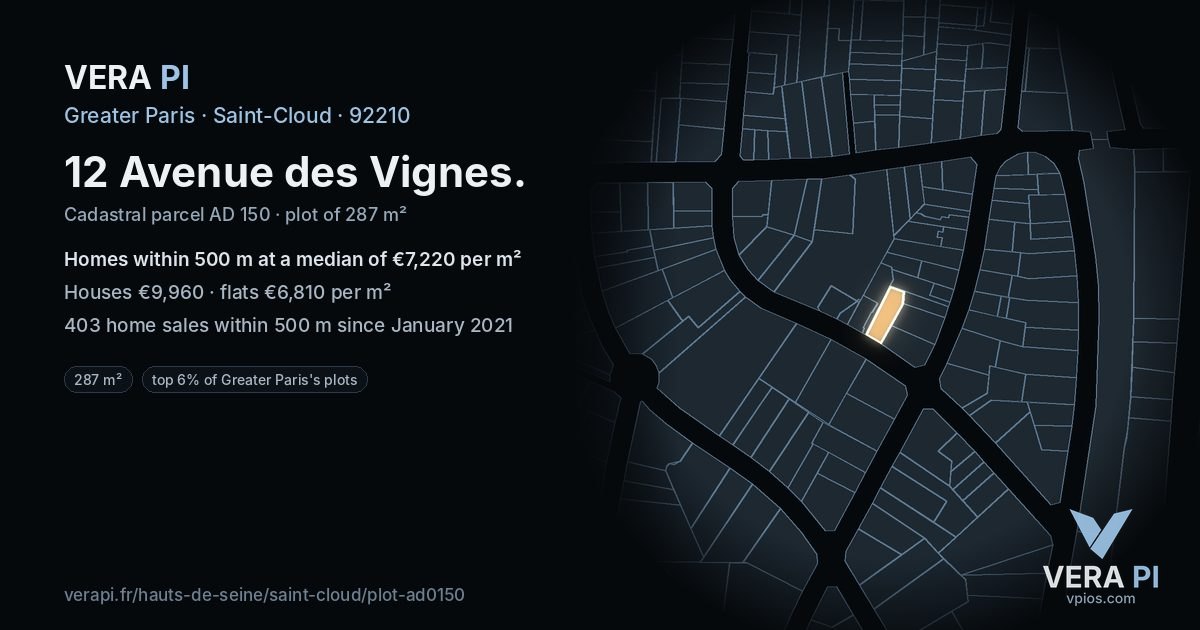 12 Avenue des Vignes, Saint-Cloud at night – the plot lit, the parcels around coloured by the prices near them
