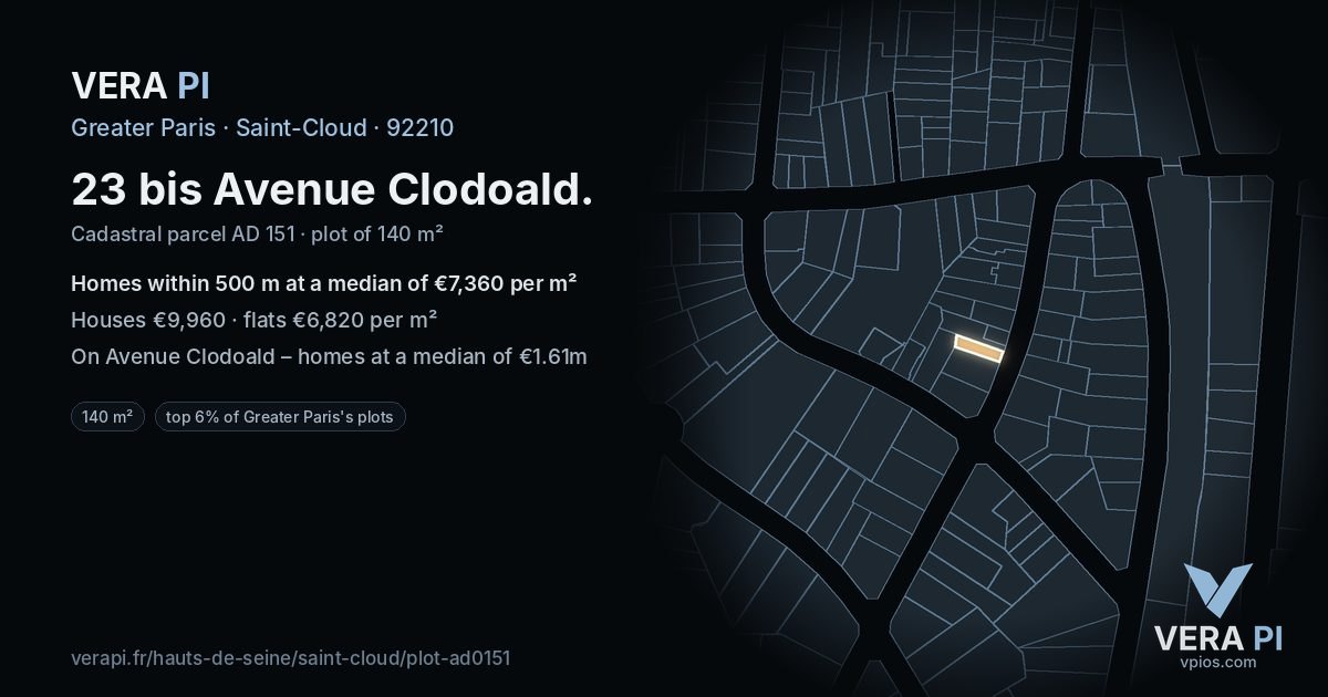 23 bis Avenue Clodoald, Saint-Cloud at night – the plot lit, the parcels around coloured by the prices near them
