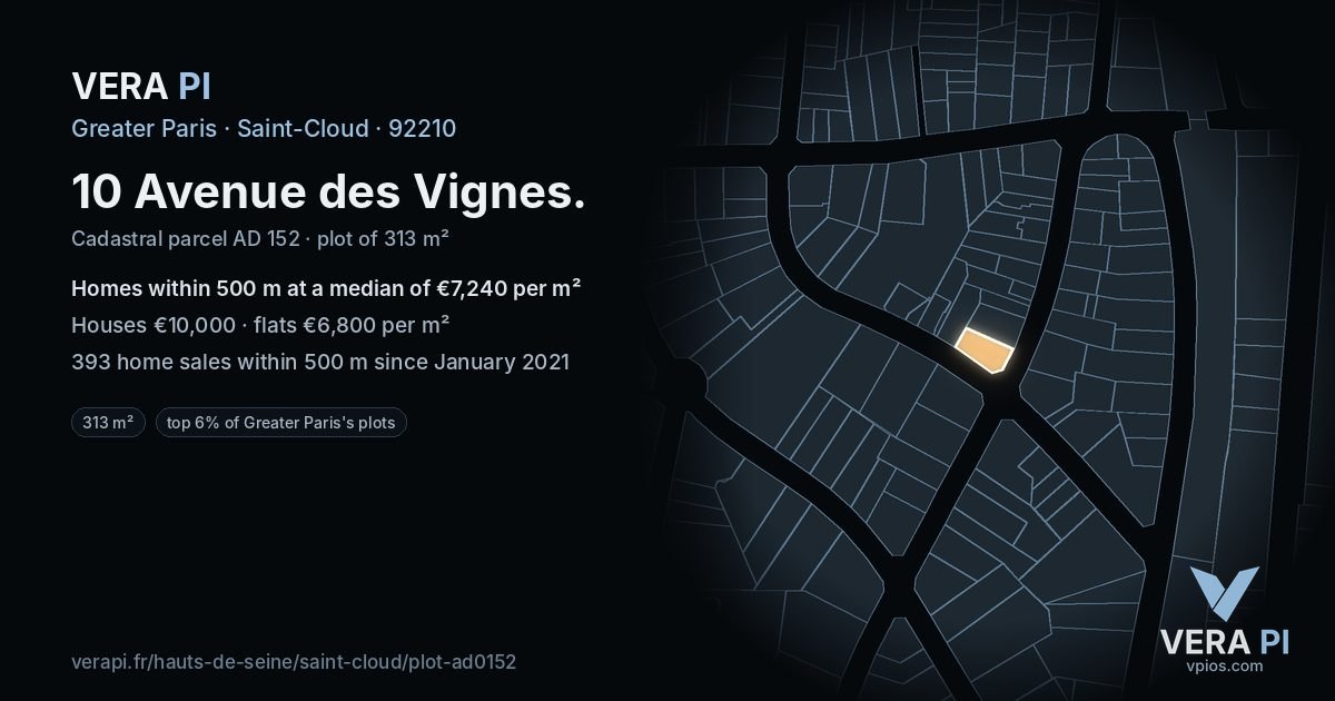 10 Avenue des Vignes, Saint-Cloud at night – the plot lit, the parcels around coloured by the prices near them