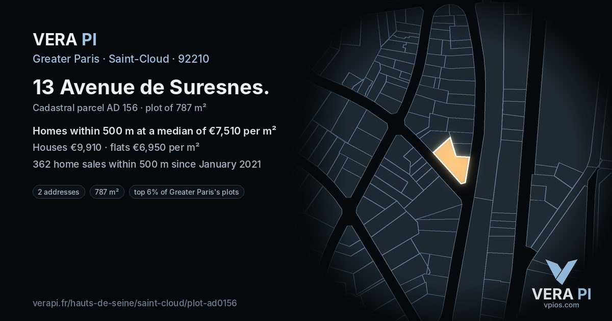 13 Avenue de Suresnes, Saint-Cloud at night – the plot lit, the parcels around coloured by the prices near them