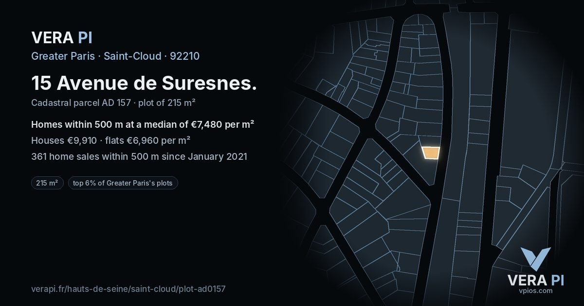 15 Avenue de Suresnes, Saint-Cloud at night – the plot lit, the parcels around coloured by the prices near them