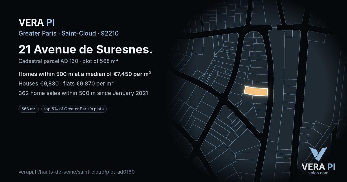 21 Avenue de Suresnes, Saint-Cloud at night – the plot lit, the parcels around coloured by the prices near them