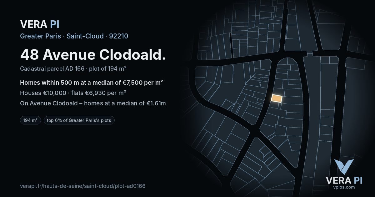 48 Avenue Clodoald, Saint-Cloud at night – the plot lit, the parcels around coloured by the prices near them