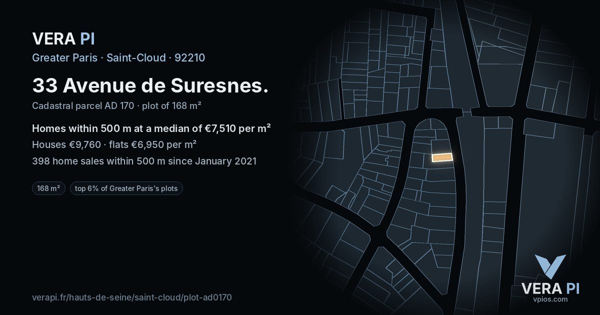 33 Avenue de Suresnes, Saint-Cloud at night – the plot lit, the parcels around coloured by the prices near them