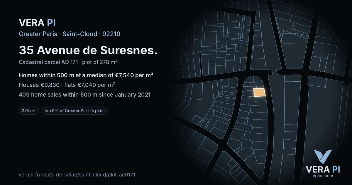 35 Avenue de Suresnes, Saint-Cloud at night – the plot lit, the parcels around coloured by the prices near them