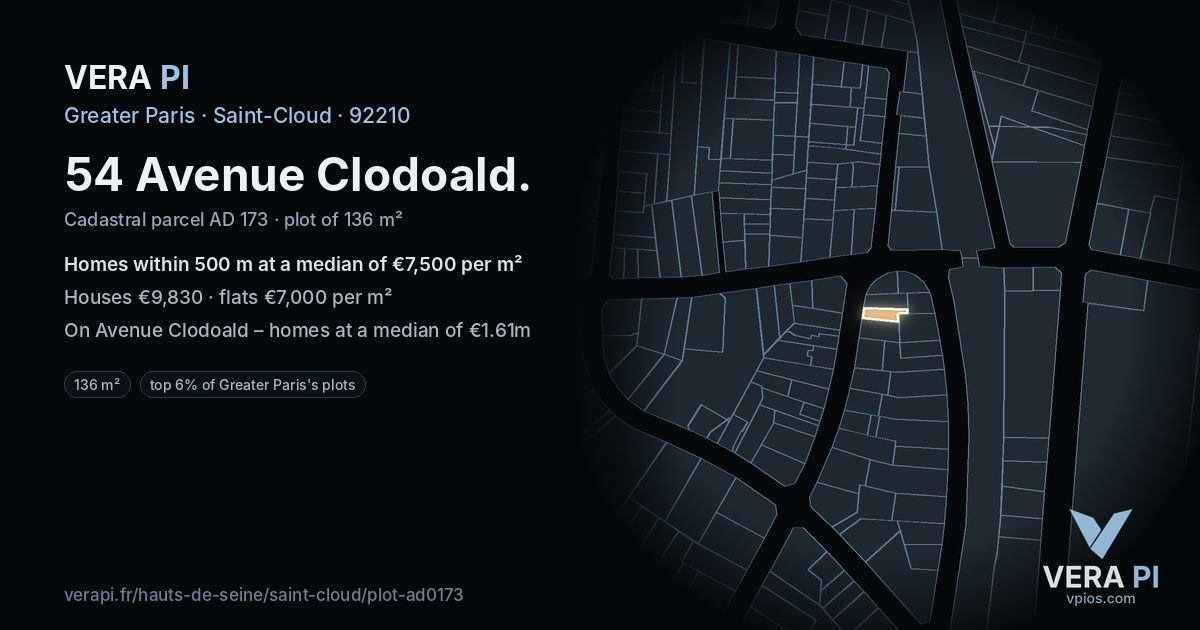 54 Avenue Clodoald, Saint-Cloud at night – the plot lit, the parcels around coloured by the prices near them