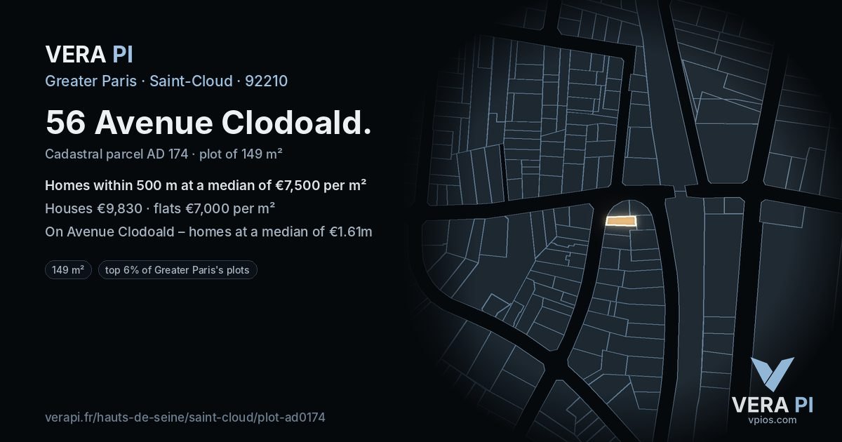 56 Avenue Clodoald, Saint-Cloud at night – the plot lit, the parcels around coloured by the prices near them