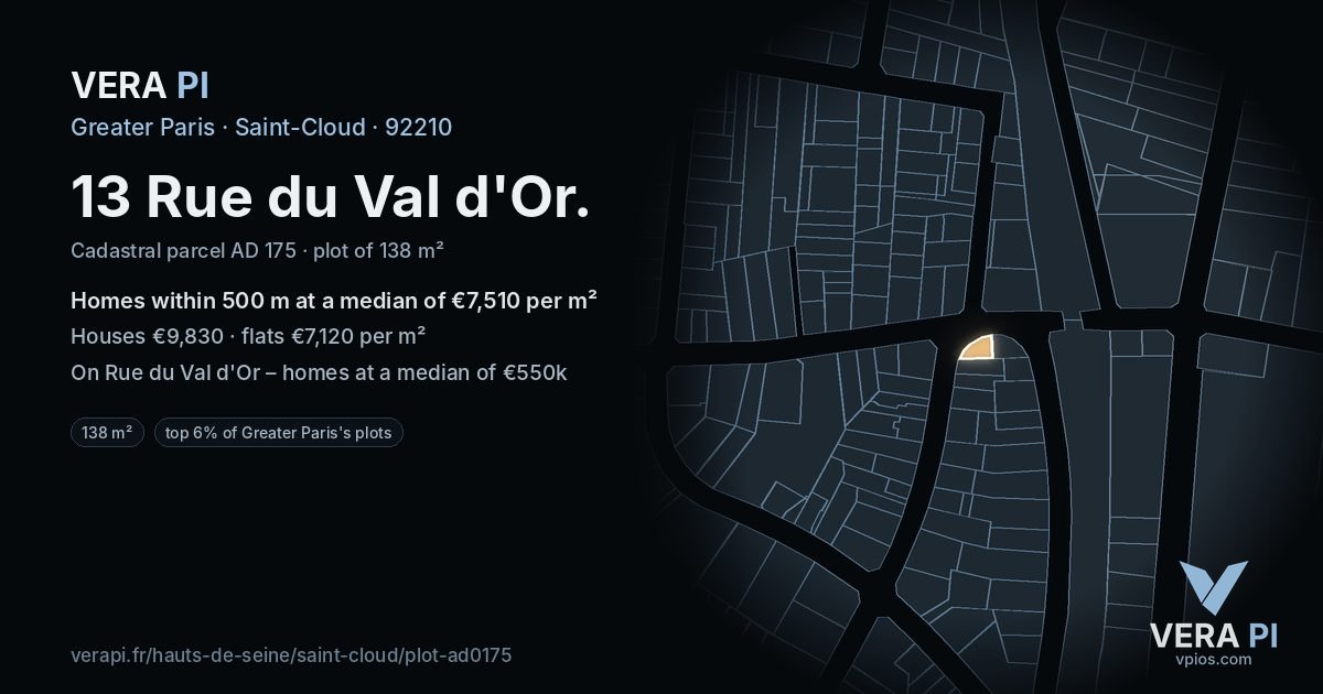 13 Rue du Val d'Or, Saint-Cloud at night – the plot lit, the parcels around coloured by the prices near them