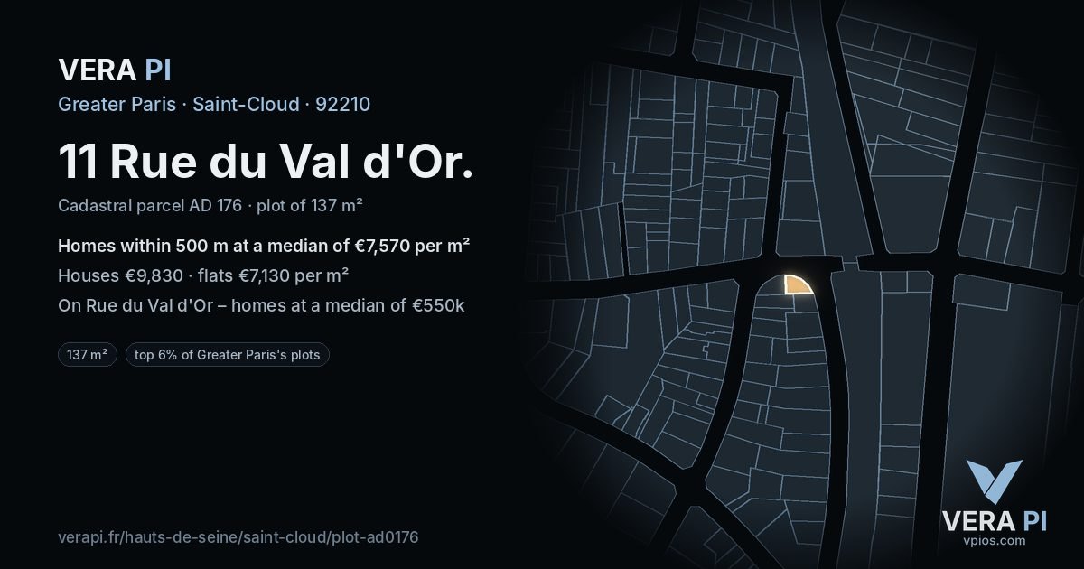 11 Rue du Val d'Or, Saint-Cloud at night – the plot lit, the parcels around coloured by the prices near them