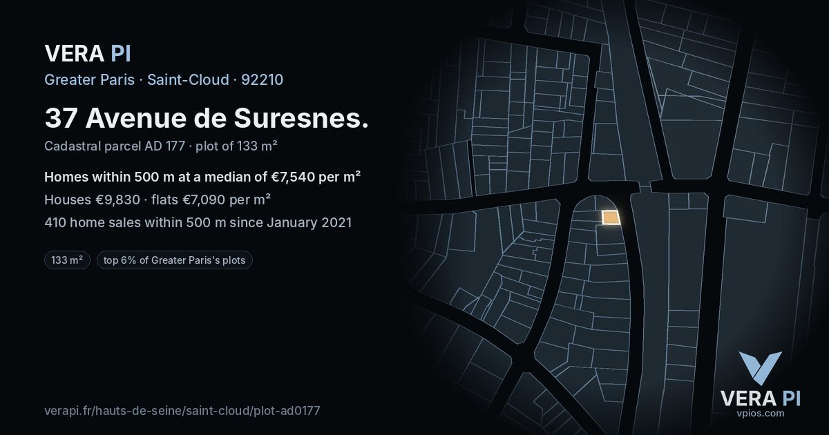 37 Avenue de Suresnes, Saint-Cloud at night – the plot lit, the parcels around coloured by the prices near them