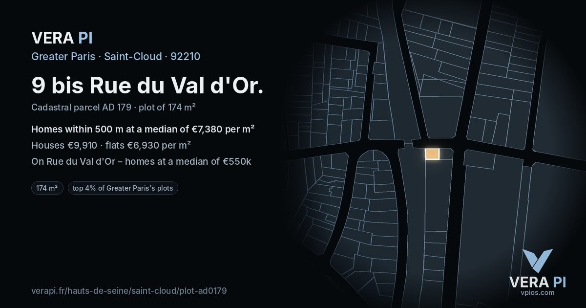 9 bis Rue du Val d'Or, Saint-Cloud at night – the plot lit, the parcels around coloured by the prices near them