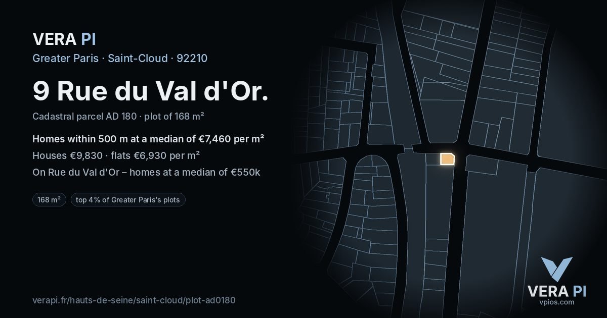 9 Rue du Val d'Or, Saint-Cloud at night – the plot lit, the parcels around coloured by the prices near them