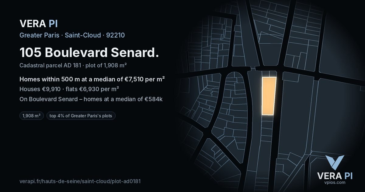 105 Boulevard Senard, Saint-Cloud at night – the plot lit, the parcels around coloured by the prices near them