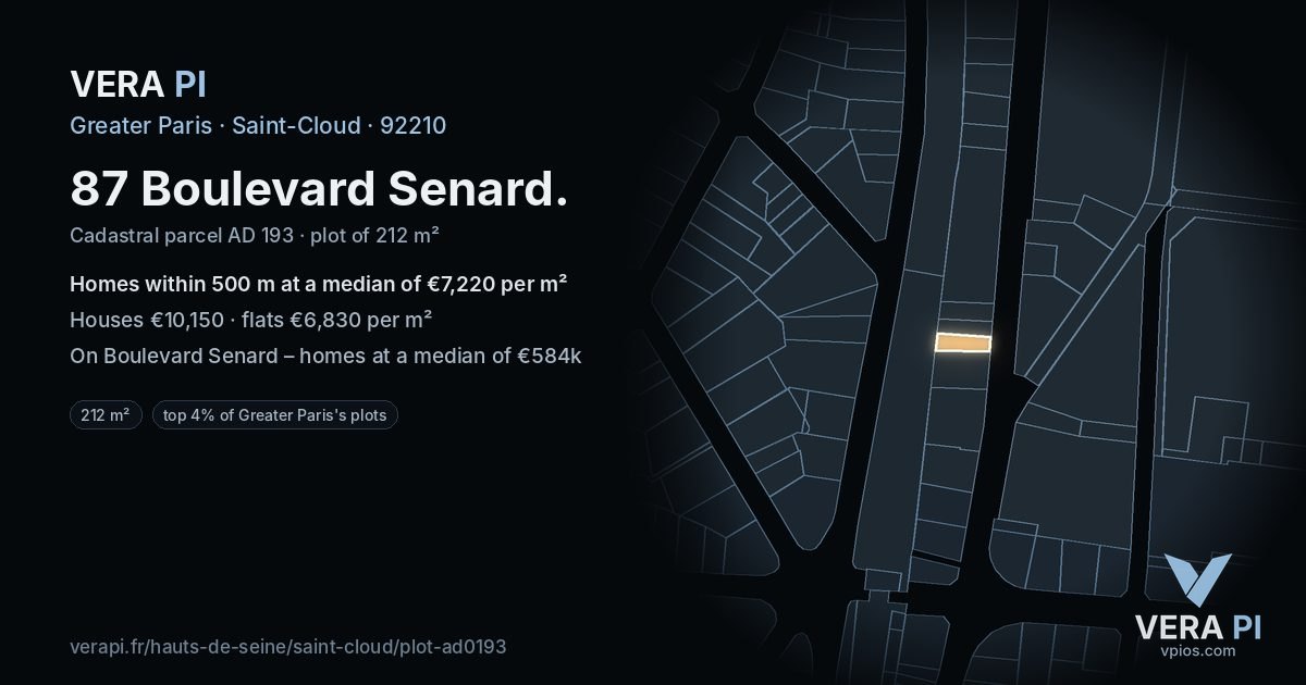 87 Boulevard Senard, Saint-Cloud at night – the plot lit, the parcels around coloured by the prices near them