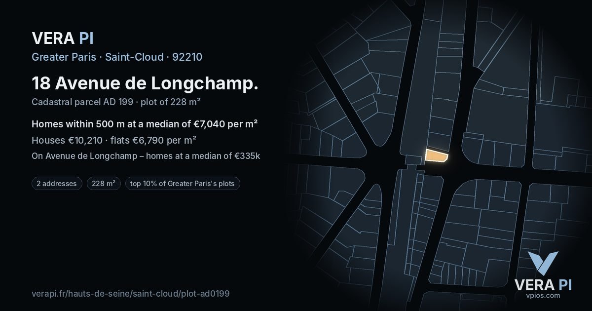 18 Avenue de Longchamp, Saint-Cloud at night – the plot lit, the parcels around coloured by the prices near them