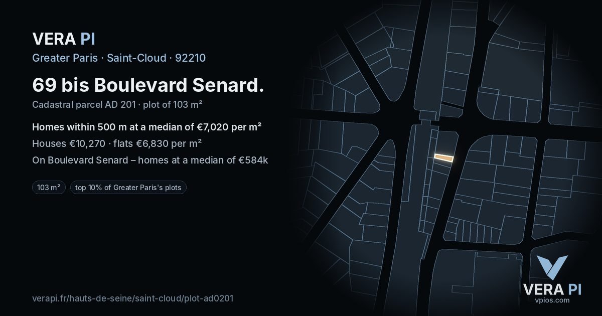 69 bis Boulevard Senard, Saint-Cloud at night – the plot lit, the parcels around coloured by the prices near them