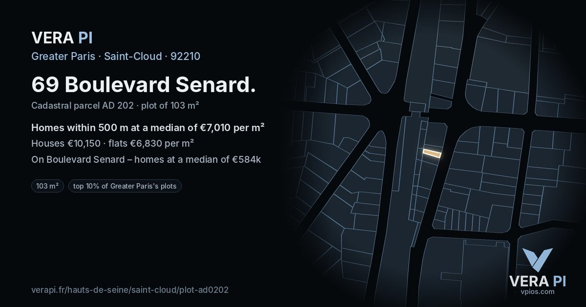 69 Boulevard Senard, Saint-Cloud at night – the plot lit, the parcels around coloured by the prices near them