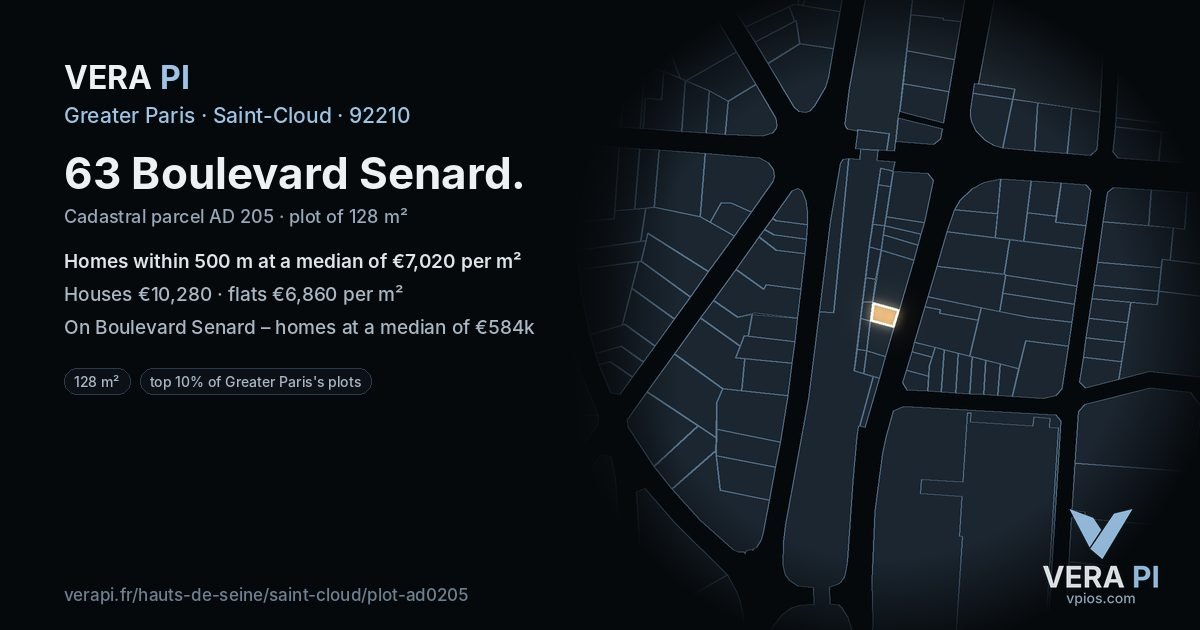 63 Boulevard Senard, Saint-Cloud at night – the plot lit, the parcels around coloured by the prices near them