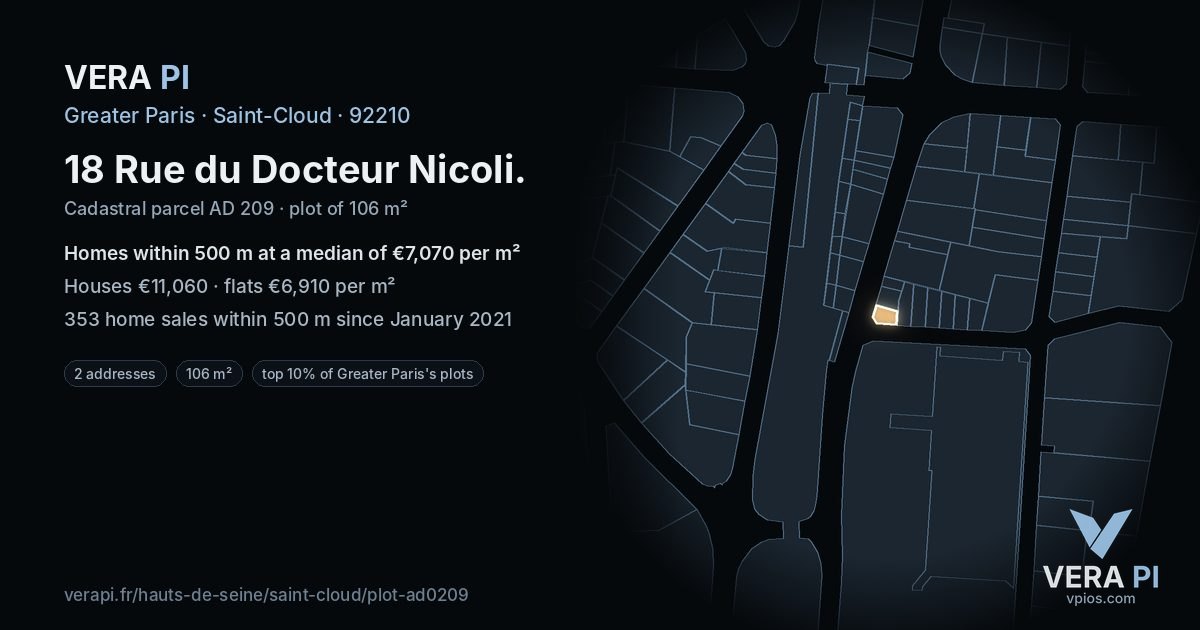 18 Rue du Docteur Nicoli, Saint-Cloud at night – the plot lit, the parcels around coloured by the prices near them