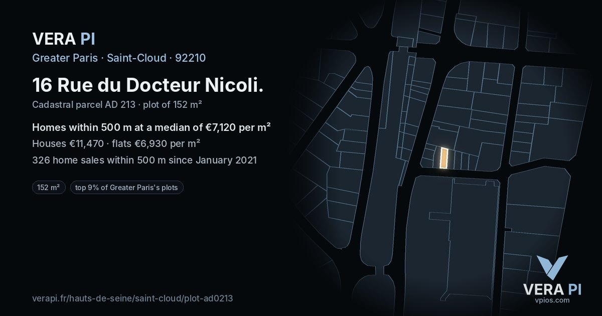 16 Rue du Docteur Nicoli, Saint-Cloud at night – the plot lit, the parcels around coloured by the prices near them