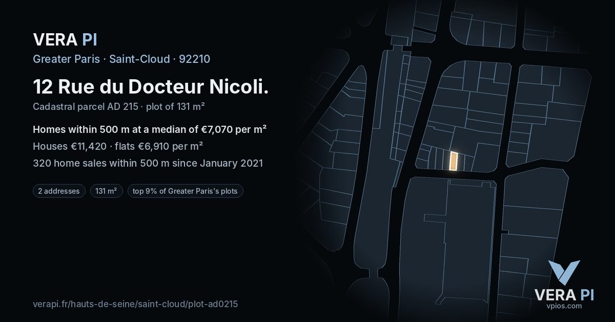 12 Rue du Docteur Nicoli, Saint-Cloud at night – the plot lit, the parcels around coloured by the prices near them