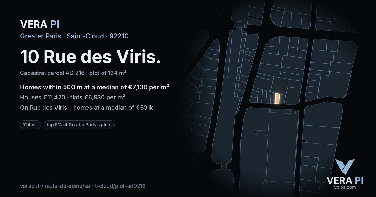 10 Rue des Viris, Saint-Cloud at night – the plot lit, the parcels around coloured by the prices near them
