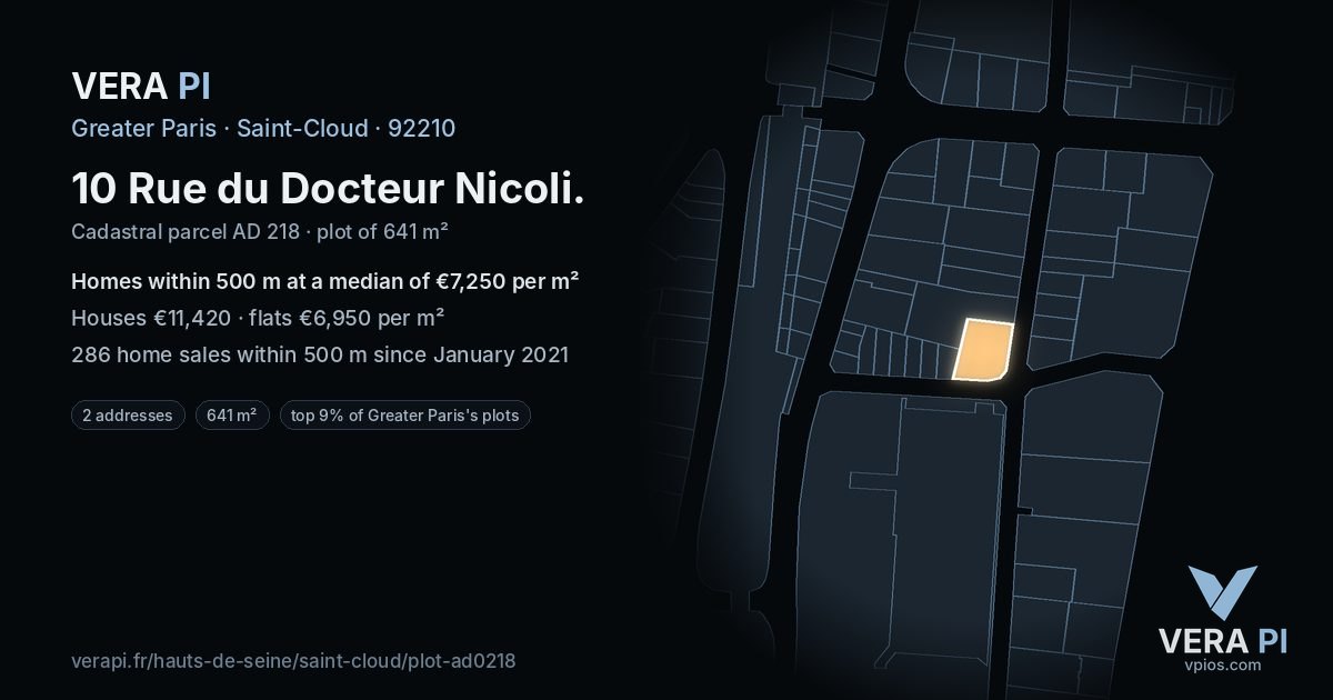 10 Rue du Docteur Nicoli, Saint-Cloud at night – the plot lit, the parcels around coloured by the prices near them