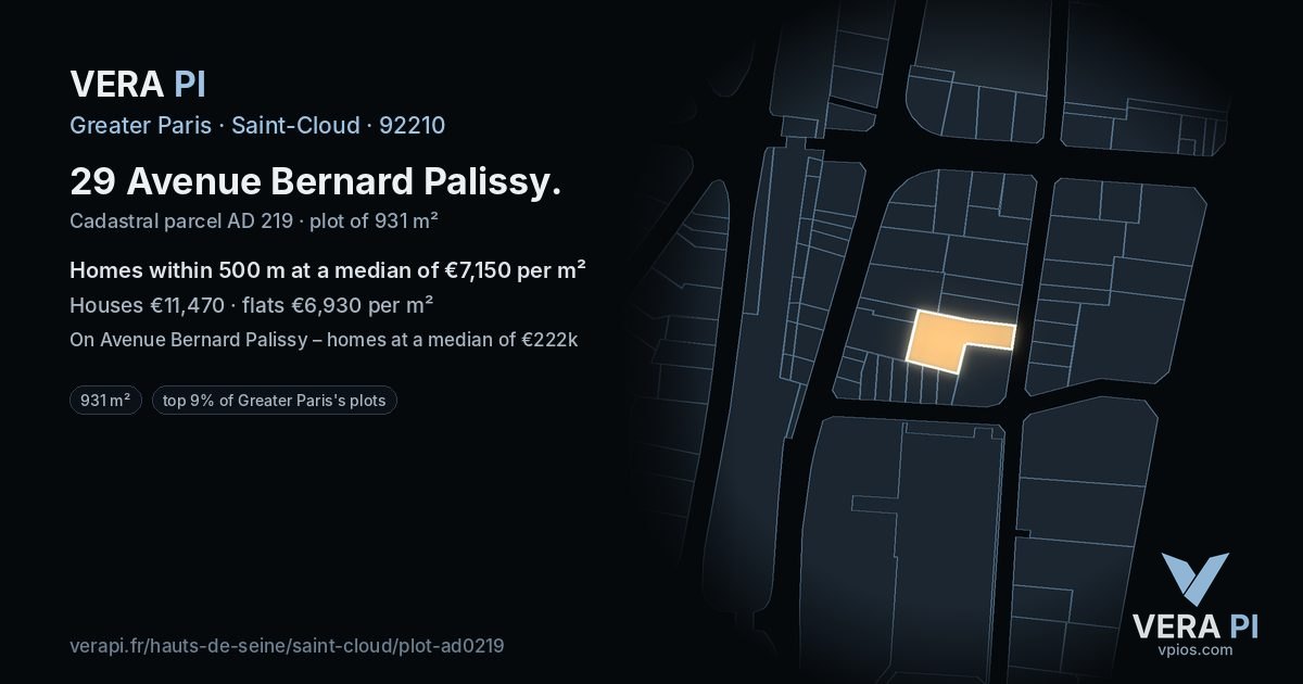 29 Avenue Bernard Palissy, Saint-Cloud at night – the plot lit, the parcels around coloured by the prices near them