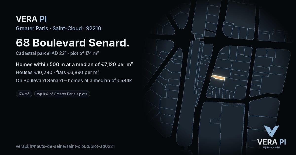 68 Boulevard Senard, Saint-Cloud at night – the plot lit, the parcels around coloured by the prices near them