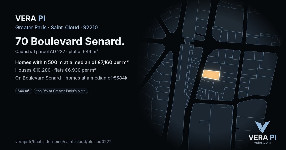 70 Boulevard Senard, Saint-Cloud at night – the plot lit, the parcels around coloured by the prices near them