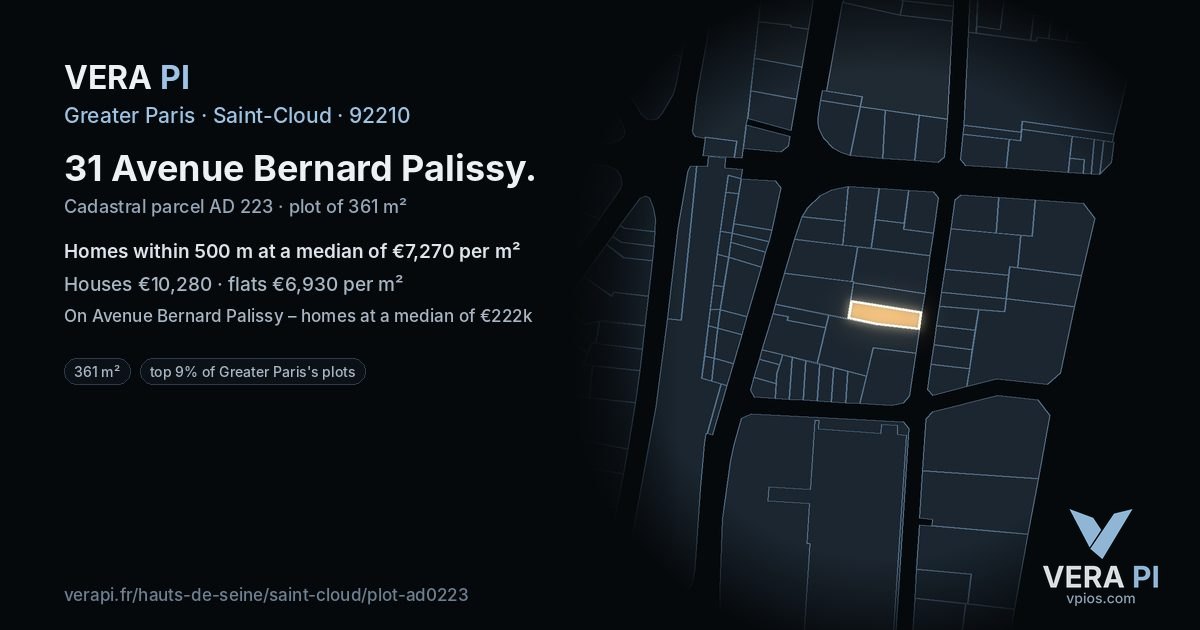 31 Avenue Bernard Palissy, Saint-Cloud at night – the plot lit, the parcels around coloured by the prices near them