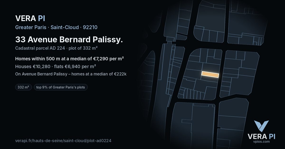 33 Avenue Bernard Palissy, Saint-Cloud at night – the plot lit, the parcels around coloured by the prices near them