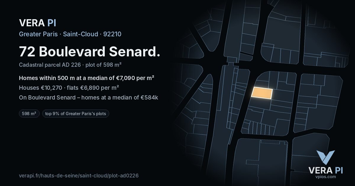 72 Boulevard Senard, Saint-Cloud at night – the plot lit, the parcels around coloured by the prices near them