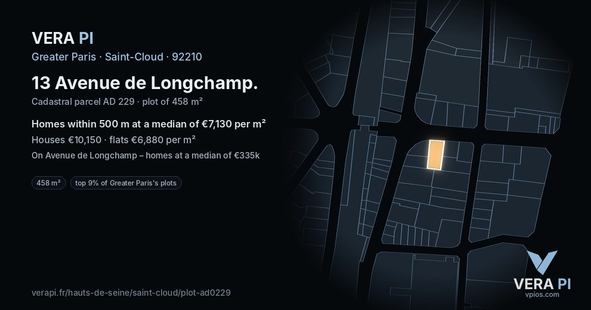 13 Avenue de Longchamp, Saint-Cloud at night – the plot lit, the parcels around coloured by the prices near them