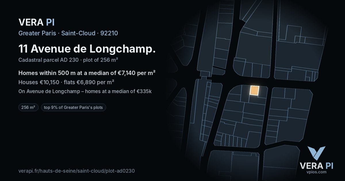 11 Avenue de Longchamp, Saint-Cloud at night – the plot lit, the parcels around coloured by the prices near them