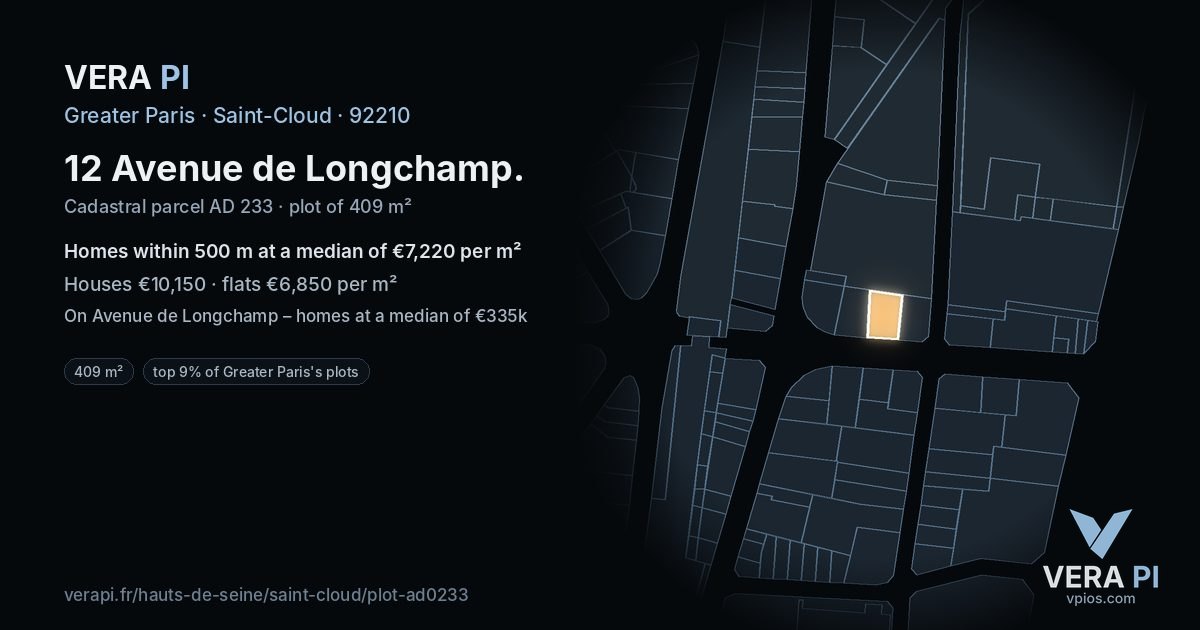 12 Avenue de Longchamp, Saint-Cloud at night – the plot lit, the parcels around coloured by the prices near them