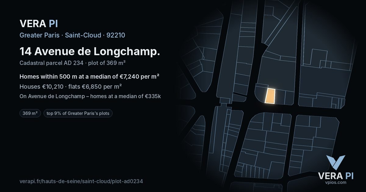 14 Avenue de Longchamp, Saint-Cloud at night – the plot lit, the parcels around coloured by the prices near them