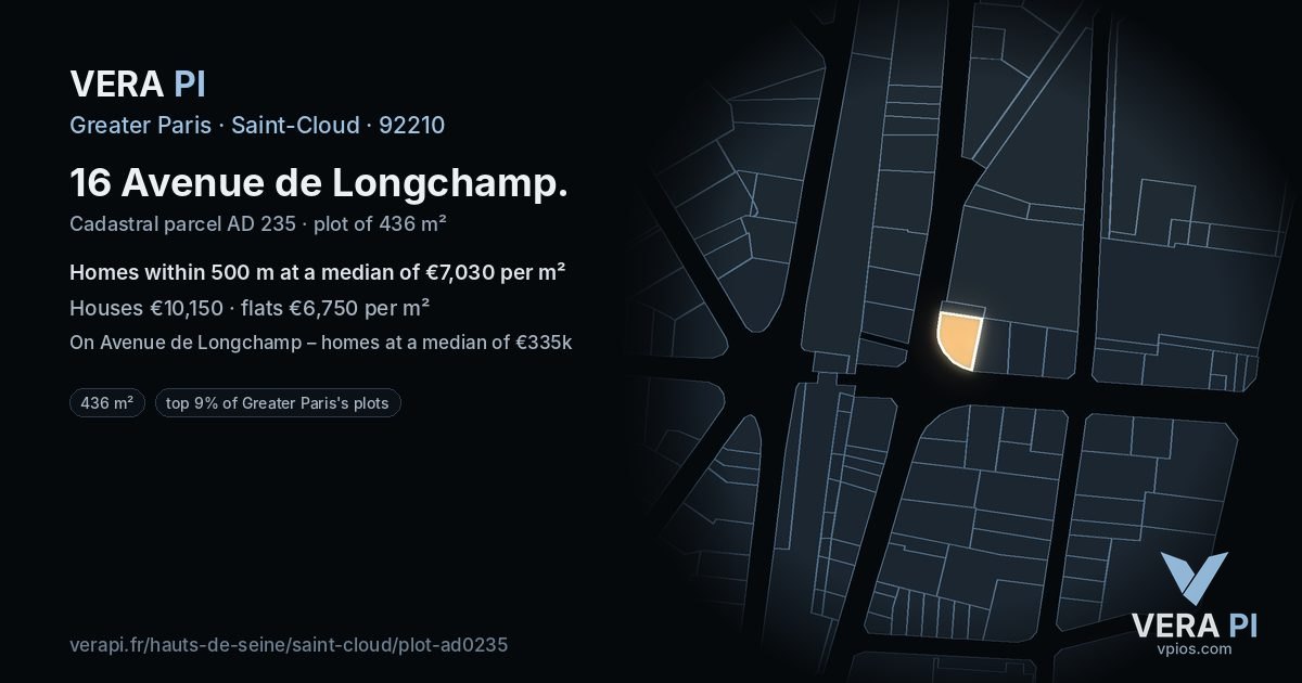 16 Avenue de Longchamp, Saint-Cloud at night – the plot lit, the parcels around coloured by the prices near them