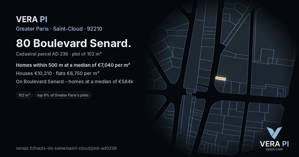 80 Boulevard Senard, Saint-Cloud at night – the plot lit, the parcels around coloured by the prices near them