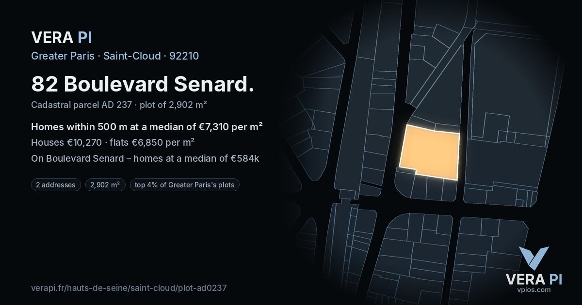 82 Boulevard Senard, Saint-Cloud at night – the plot lit, the parcels around coloured by the prices near them