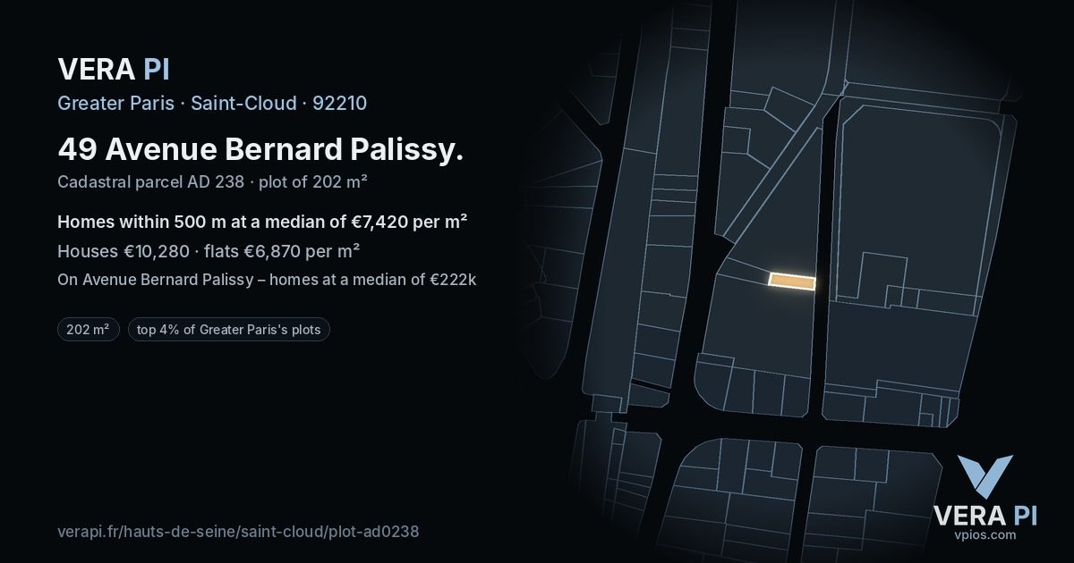 49 Avenue Bernard Palissy, Saint-Cloud at night – the plot lit, the parcels around coloured by the prices near them