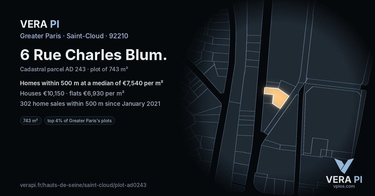 6 Rue Charles Blum, Saint-Cloud at night – the plot lit, the parcels around coloured by the prices near them