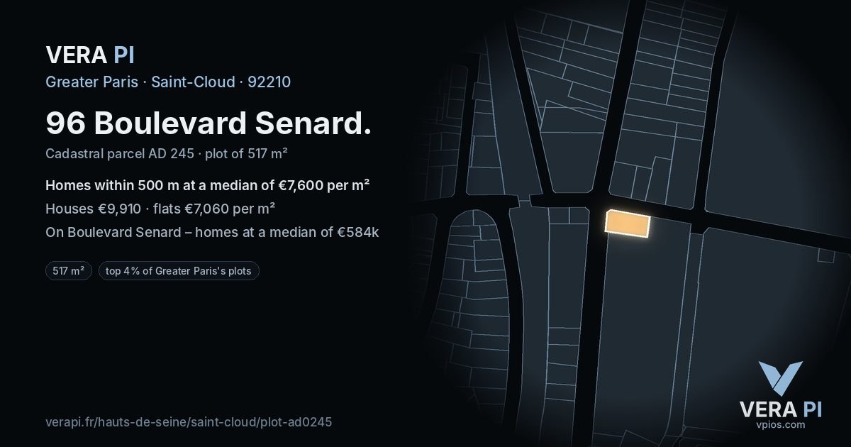 96 Boulevard Senard, Saint-Cloud at night – the plot lit, the parcels around coloured by the prices near them