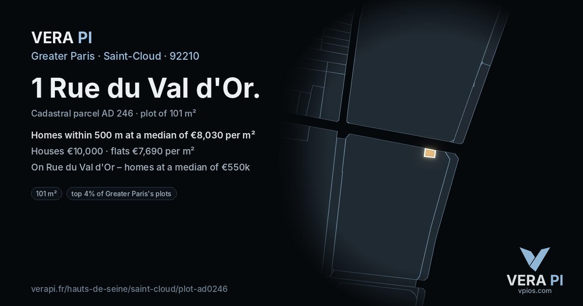 1 Rue du Val d'Or, Saint-Cloud at night – the plot lit, the parcels around coloured by the prices near them