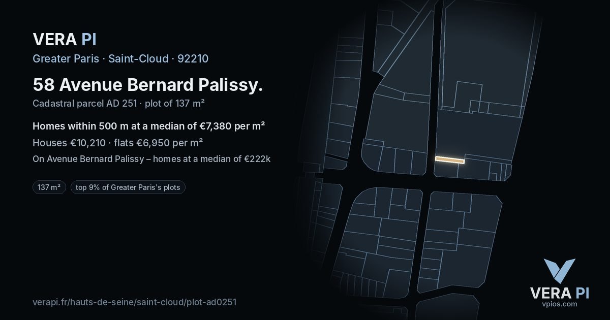 58 Avenue Bernard Palissy, Saint-Cloud at night – the plot lit, the parcels around coloured by the prices near them
