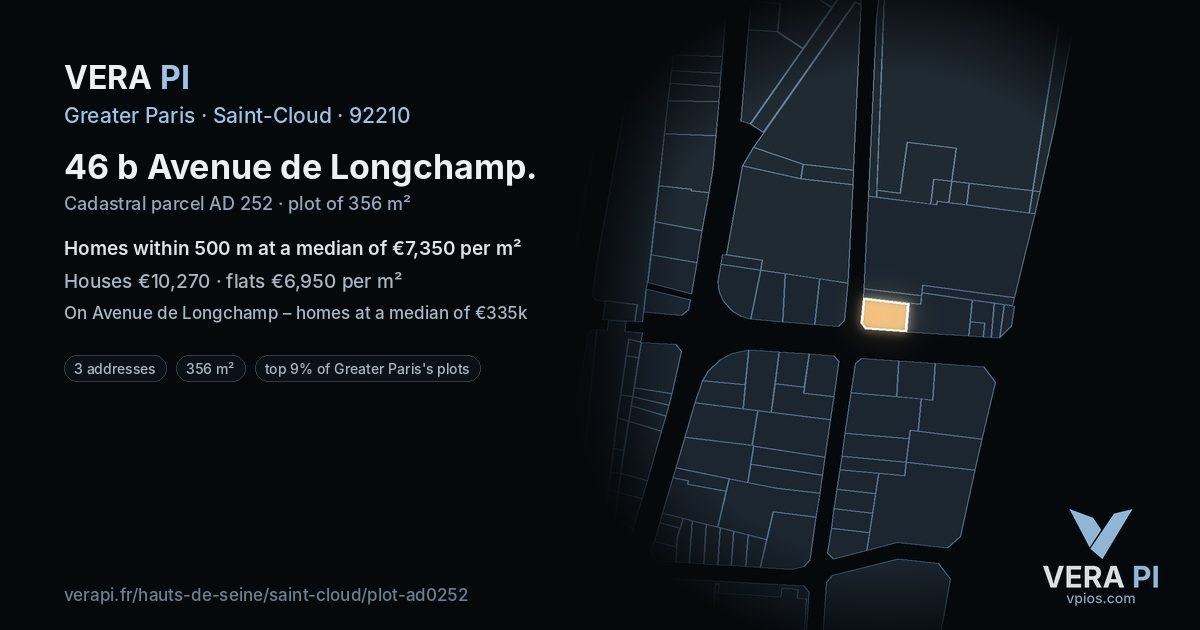 46 b Avenue de Longchamp, Saint-Cloud at night – the plot lit, the parcels around coloured by the prices near them