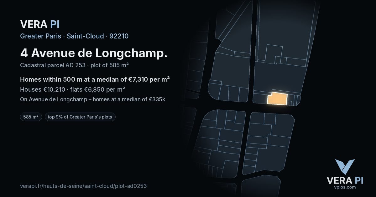 4 Avenue de Longchamp, Saint-Cloud at night – the plot lit, the parcels around coloured by the prices near them